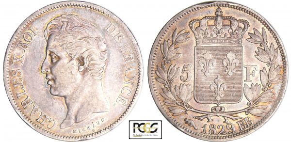 Charles X (1824-1830) - 5 francs 2ème type 1829 BB (Strasbourg) PCGS #31755695. (REF: Ga.644-F.311)