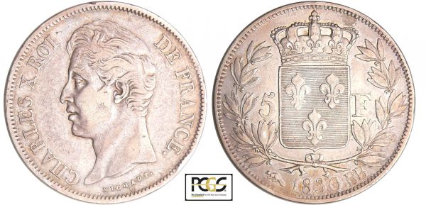 Charles X (1824-1830) - 5 francs 2ème type 1830 BB (Strasbourg) PCGS #31755698. (REF: Ga.644-F.311)