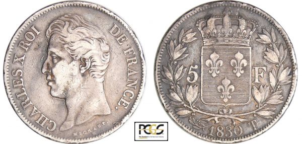 Charles X (1824-1830) - 5 francs 2ème type 1830 T (Nantes) PCGS #31755686. (REF: Ga.644-F.311)