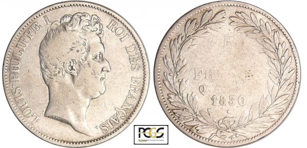 Louis-Philippe Ier (1830-1848) - 5 francs tête nue tranche en creux 1830 Q (Perpignan) PCGS #31758887. (REF: Ga.676-F.315)