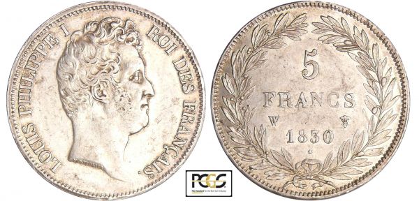 Louis-Philippe Ier (1830-1848) - 5 francs tête nue tranche en creux 1830 W (Lille) PCGS #31758890. (REF: Ga.676-F.315)