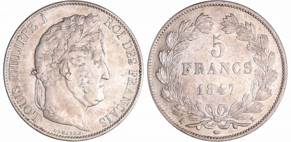 Louis-Philippe Ier (1830-1848) - 5 francs tête laurée 3ème type 1847 K (Bordeaux) (REF: Ga.678a-F.325)