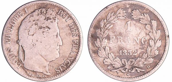 Louis-Philippe Ier (1830-1848) - 1 franc tête laurée 1832 D (Lyon) monnaie difficille à trouver. Exemplaire de la collection idéale est en VF 25. (REF: Ga.453-F.210)