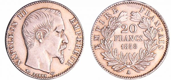 Napoléon III (1852-1870) - 20 francs tête nue 1858 A (Paris) platine (REF: Ga.1061-F.531)