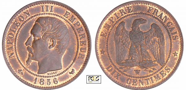 Napoléon III (1852-1870) - 10 centimes tête nue 1856 W (Lille) PCGS # 83890607. (REF: Ga.248-F.133)