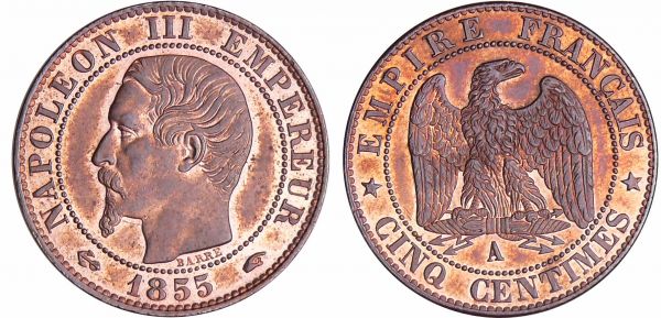 Napoléon III (1852-1870) - 5 centimes tête nue 1855 A (Paris) (REF: Ga.152-F.116)