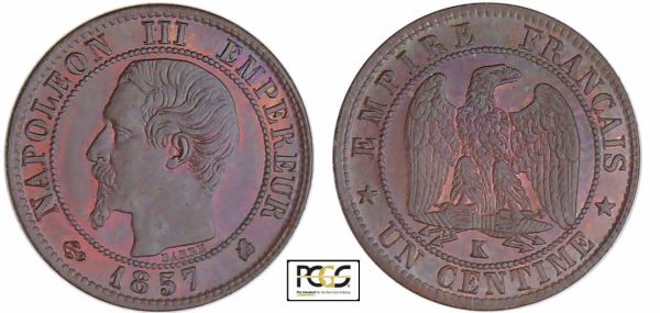 Napoléon III (1852-1870) - 1 centime tête nue 1857 K (Bordeaux) PCGS # 83890626. (REF: Ga.86-F.102)