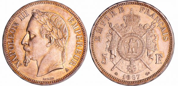 Napoléon III (1852-1870) - 5 francs tête laurée 1867 A (Paris) (REF: Ga.739-F.331)