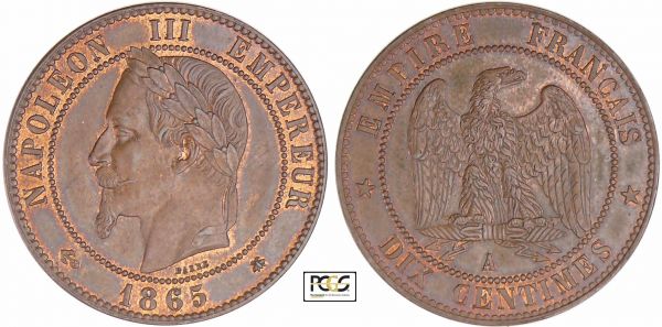 Napoléon III (1852-1870) - 10 centimes tête laurée 1865 A (Paris) PCGS # 83890698. (REF: Ga.253-F.134)