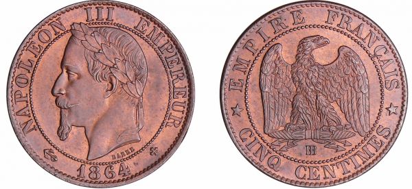 Napoléon III (1852-1870) - 5 centimes tête laurée 1864 BB (Strasbourg) (REF: Ga.155-F.117)