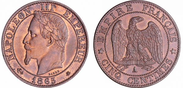 Napoléon III (1852-1870) - 5 centimes tête laurée 1865 A (Paris) (REF: Ga.155-F.117)