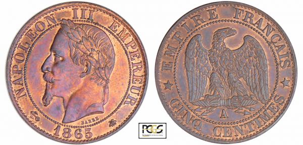 Napoléon III (1852-1870) - 5 centimes tête laurée 1865 A (Paris) PCGS # 83890634. (REF: Ga.155-F.117)