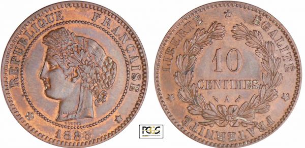 Troisième République (1871-1940) - 10 centimes Cérès 1885 A (Paris) PCGS # 83890650. (REF: Ga.265-F.135)