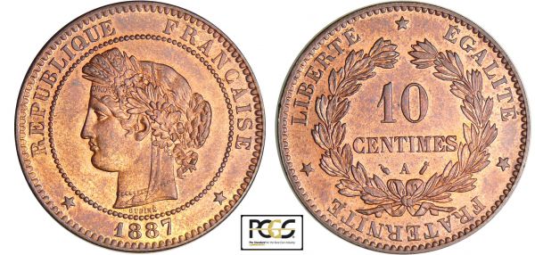 Troisième république (1871-1940) - 10 centimes Cérès 1887 A (Paris) PCGS #31746938. (REF: Ga.265-F.135)