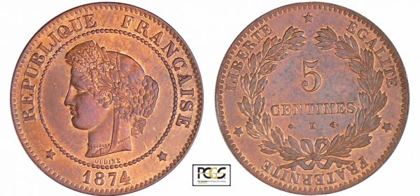 Troisième République (1871-1940) - 5 centimes Cérès 1874 K (Bordeaux) PCGS # 83890639. (REF: Ga.157-F.118)