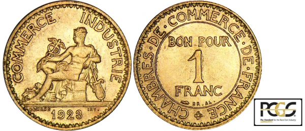 Troisième république (1871-1940) - 1 franc Chambre de commerce 1923 PCGS #17273392. (REF: Ga.468-F.218)