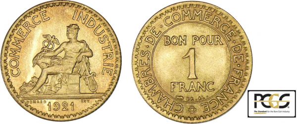 Troisième république (1871-1940) - 1 franc Chambre de commerce 1921 PCGS #17297163. (REF: Ga.468-F.218)