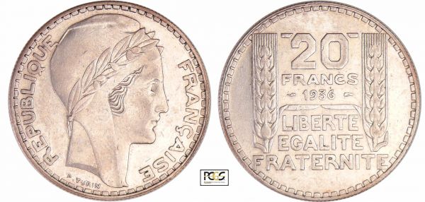 Troisième République (1871-1940) - 20 francs Turin 1936 PCGS # 83890593. (REF: Ga.852-F.400)