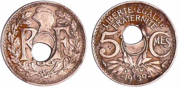 Troisième république (1871-1940) - 5 centimes Lindauer maillechort .1939. trou décalé (REF: Ga.171-F.123)