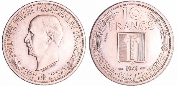 Etat Français (1940-1944) - Pétain -10 francs 1941 essai de Delonnoy Quantité de frappe estimée à 20 exemplaires. (REF: Maz.2653-EMPF.175.1)