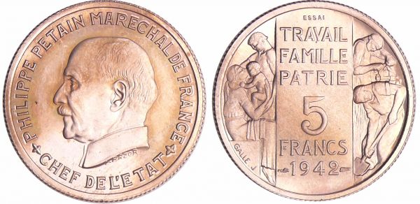 Etat Français (1940-1944) - Pétain - 5 francs 1942 essai de Bazor / Galle (REF: Maz.2662-EMPF.143.2)