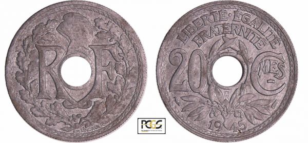 Gouvernement provisoire (1944-1947) - 20 centimes 1945 B Rarissime dans cet état aucune trace d'oxydation. PCGS #37563164. (REF: Ga.324-F.155)