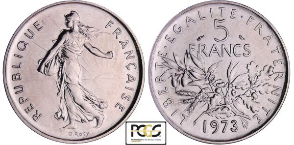 Cinquième république (1959- ) - 5 francs Semeuse - 1973 PCGS #17242658. (REF: Ga.771-F.341)