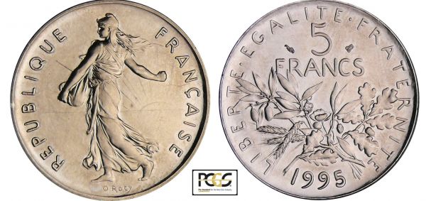 Cinquième république (1959- ) - 5 francs Semeuse - 1995 PCGS #17242651. (REF: Ga.771-F.341)