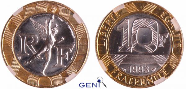 Cinquième république (1959- ) - 10 francs Génie de la Bastille 1993 frappe médaille Monnaie frappée à 3095 exemplaires. (REF: Ga.827-F.375)