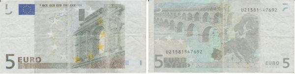 France - Billet de 5 euro fauté (manque la bande holographique)