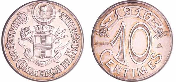 Troisième république (1871-1940) - Essai de 10 centimes Chambre de Commerce de Marseille, 1916 Frappe monnaie.