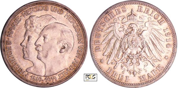 Allemagne - Anhalt-Dessau - Fredrich II (1904-1918) - 3 mark 1914 A (REF: AKS.46)