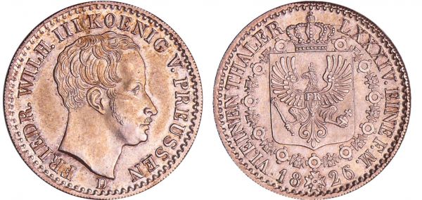 Allemagne - Preussen - Friedrich Wilhelm III (1797-1840) - 1/6 taler 1826 A (REF: AKS.26)