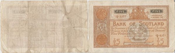 Ecosse - Bank of Scotland, 5 pounds, 4th October 1916, signature P. Macdonald N° 16/G 5371. (REF: Pick.82c)