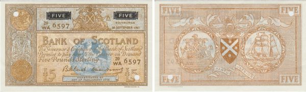 Ecosse - Bank of Scotland, 5 pounds, 30th September 1961 20/WA 6597. Annulé. (REF: Pick.103a)