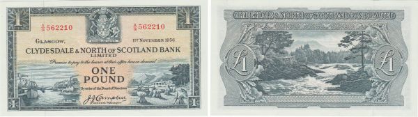 Ecosse - Clydesdale & North of Scotland bank, 1 pound, 1st November 1956 (REF: Pick.191a)