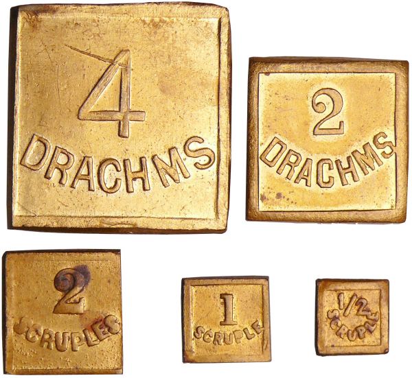 Grèce - Lot de 5 poids monétaires poids monétaires : 4 drachmes, 2 brachmes 2 scruples, 1 scruple, 1/2 scruple.