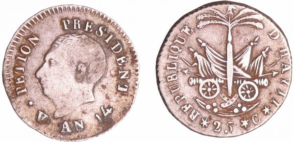 Haïti - Alexandre Petion, President (1807-1818) - 25 centimes L'An 14 (1817) (REF: KM#15)