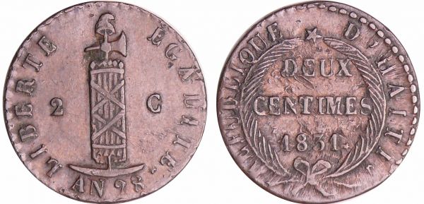 Haïti - Jean Pierre Boyer, President (1818-1843) - 2 centimes l'An 28 (1831) (REF: KM#22)