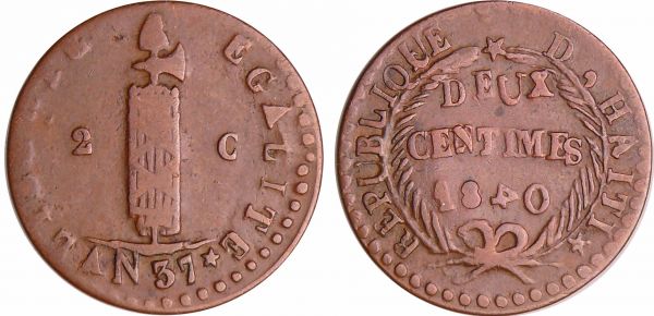 Haïti - République (1825-1849) - 2 centimes 1840 (An 37) 4 couché (REF: KM#A22)