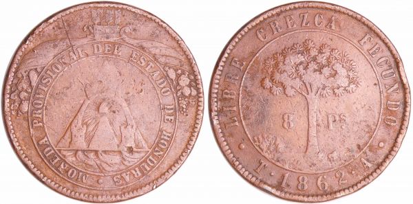 Honduras - Monnaie obsidionale en bronze de 8 Pesos 1862 (Tegucigalpa ) (REF: KM#27)