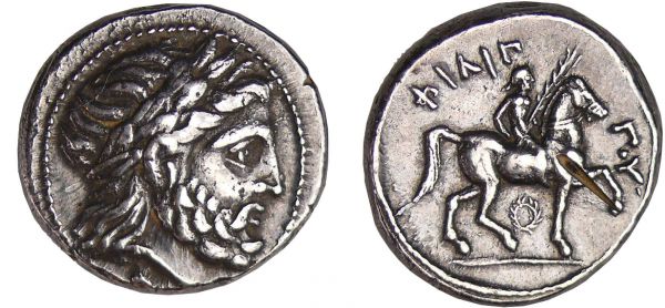 Macédoine - Philippe II - Tétradrachme (323-315 av. J.-C., Pella) A/ Tête laurée de Zeus à droite.  R/ ΦΙΛΙΠΠΟY. Couronne sous le cheval. Cavalier au pas à droite, tenant une palme. Coll. F. Febrer. (REF: GC.6684-Le Rider.386-Pozzi.852)