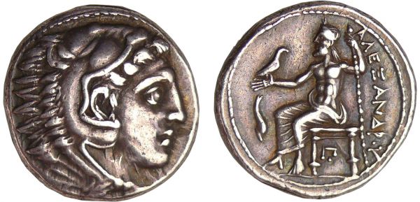 Macédoine - Alexandre III - Tétradrachme (336-323 av. J.-C., Amphipolis) A/ Tête d'Héraclée coiffée de la léonté. R/ ΑΛΕΞΑΝΔΡΟΥ Zeus assis à gauche tenant un sceptre et un aigle. Sous son bras KOI. Coll. F. Febrer. Type attribué à Philippe III Arrhidée plutôt qu'à Alexandre III le Grand. (REF: GC.6724-Price.948)