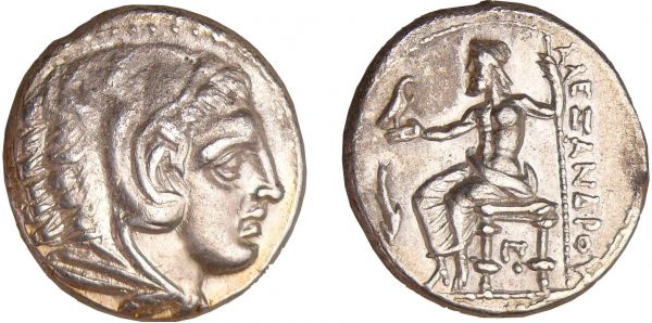 Macédoine - Alexandre III - Tétradrachme (336-323 av. J.-C., Amphipolis) A/ Tête d'Héraclée coiffée de la léonté. R/ ΑΛΕΞΑΝΔΡΟΥ Zeus assis à gauche tenant un sceptre et un aigle. Sous son bras KOI. Coll. F. Febrer. Vente CGB 38, lot 105. Type attribué à Philippe III Arrhidée plutôt quà Alexandre III le Grand. (REF: GC.6724-Price.948)