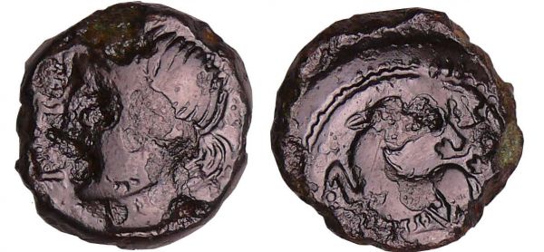 Carnutes - Bronze PIXTILOS à la louve et au lézard  (40-30 av. J.-C.) A/ PIXTILOS. Tête féminine à gauche. R/ Louve à gauche tournant à tête à droite, derrière un lézard. (REF: LT.7095-7096-BN.7090-7099)