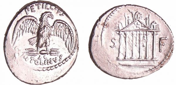 Petillia - Denier (43 av. J.-C.) A/ PETILLIVS CAPITOLINVS Aigle de face tenant un foudre. R/ Temple à six colonnes Accosté de S F (REF: RRC.487.2-RCV.486 ($520))