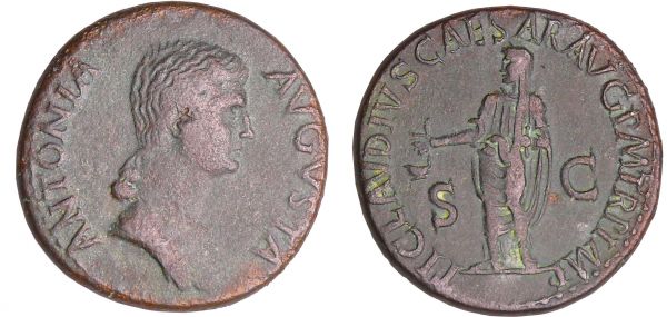 Antonia - As (42, Rome) A/ ANTONINA AVGVSTA. Buste d'Antonia à droite.  R/ TI CLAVDIVS CAESAR AVG TR IMP. Claude debout à gauche et tenant le simpule. (REF: C.6-RCV.1903 ($1440)-RIC.104)