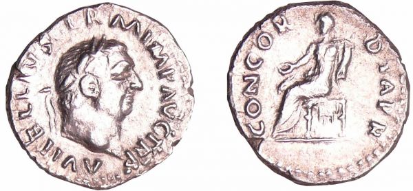 Vitellius - Denier (69, Rome) A/ A VITELLIVS GERMANICVS IMP. Buste nu à droite.  R/ CONCORDIA P R. La Concorde assise à gauche, tenant une patère et une double corne d'abondance. (REF: C.21 (3f)-RCV.2196 ($1360)-RIC.66)