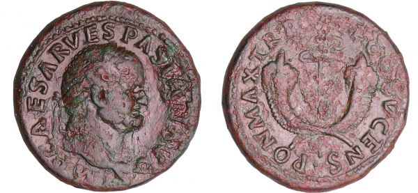 Vespasien - As (76, Rome) - Caducée ailé A/ IMP CAESAR VESPASIAN AVG Buste lauré à droite.  R/ PON MAX TR P COS VII // SC. Caducée ailé. (REF: C.376 (10f)-RCV.--)