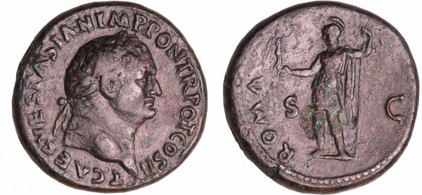 Titus - Sesterce (72-73, Rome) A/ T CAES VESPASIAN IMP PO TR POT COS II. Tête laurée à droite.  R/ ROMA // SC Rome debout à gauche tenant une Victoire et une haste. (REF: C.181 (45f)-RCV.2457 ($1760)-RIC.610)